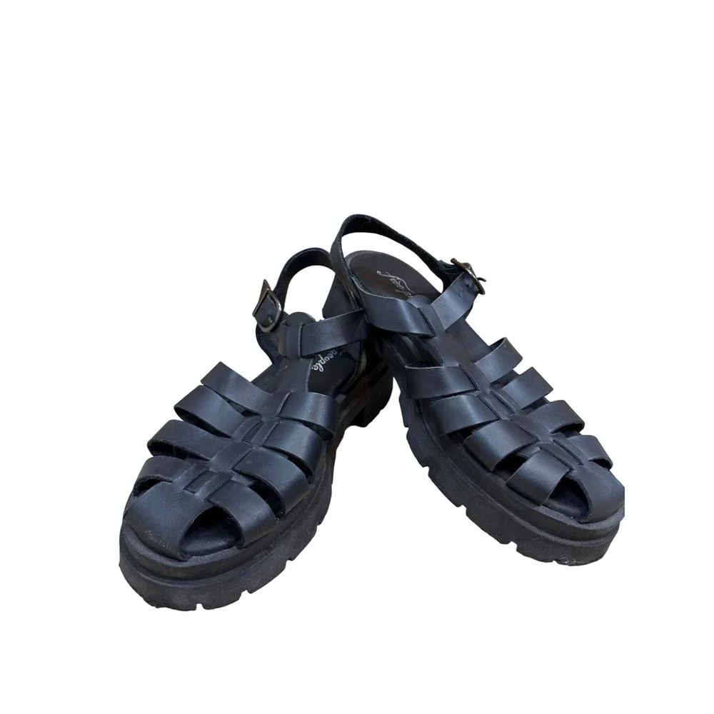 Free People Black Leather Delaney Fisherman Platform Sandals Lug Sole EU39 US9.5